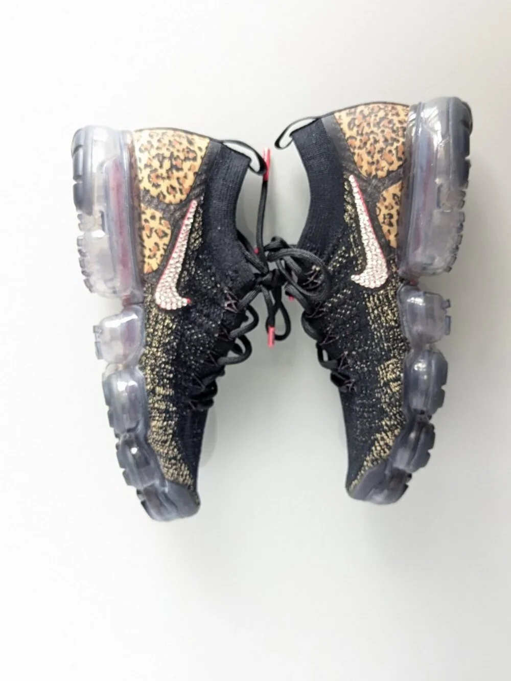Nike Air VaporMax Flyknit 2 Black Cheetah Print Size 7.5 Custom Rhinestone Logo